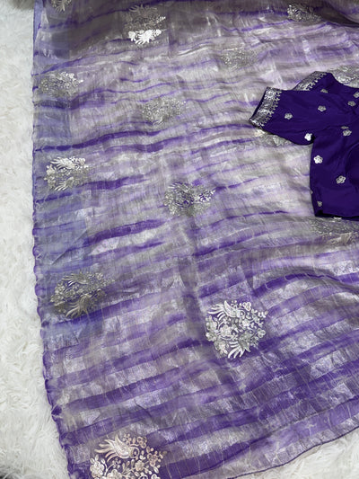 Purple Tissue Fancy Saree with Silver Zari Work & Embellished Blouse