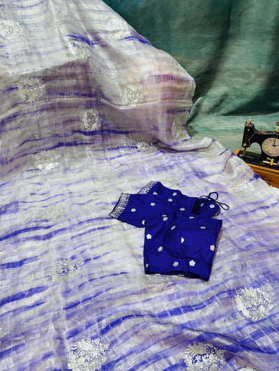 Purple Tissue Fancy Saree with Silver Zari Work & Embellished Blouse