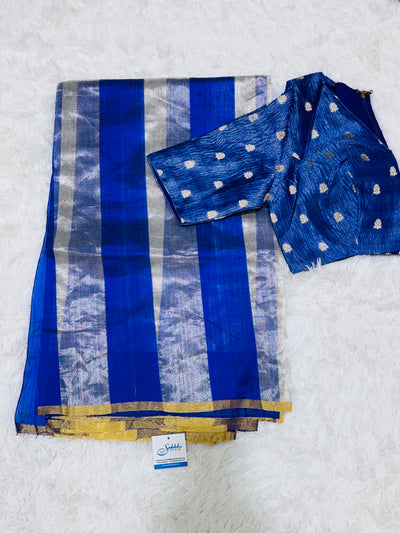 Royal Blue Banarasi Tissue Saree with Silver Stripes & Golden Border, Paired with Contrast Blue Blouse
