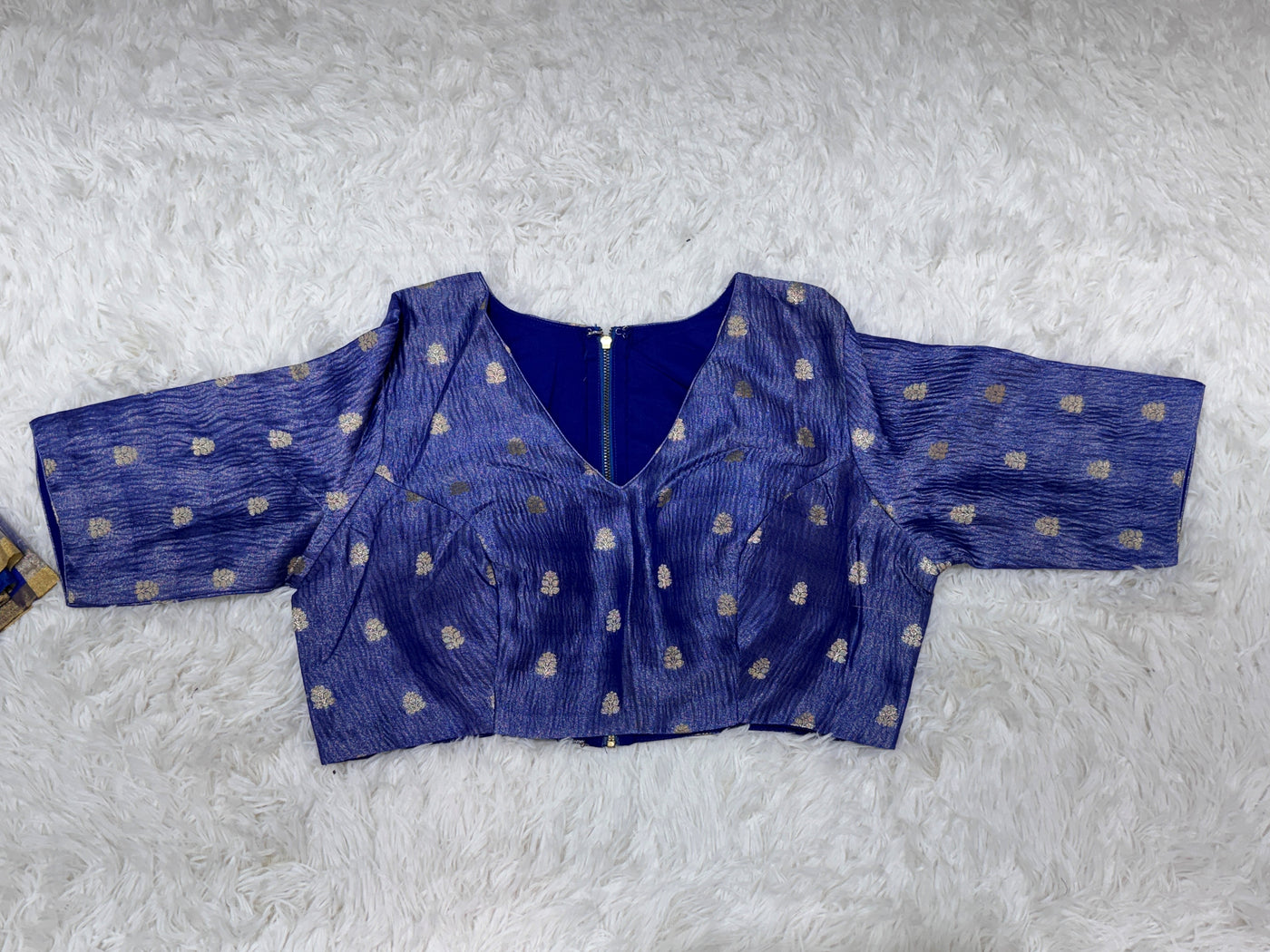 Royal Blue Banarasi Tissue Saree with Silver Stripes & Golden Border, Paired with Contrast Blue Blouse