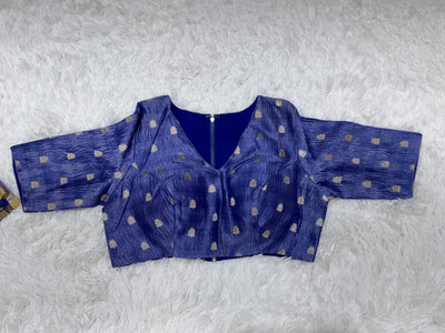 Royal Blue Banarasi Tissue Saree with Silver Stripes & Golden Border, Paired with Contrast Blue Blouse