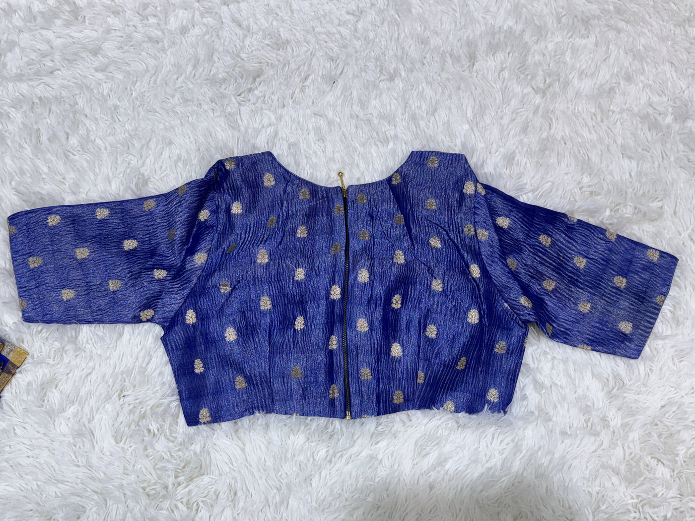 Royal Blue Banarasi Tissue Saree with Silver Stripes & Golden Border, Paired with Contrast Blue Blouse