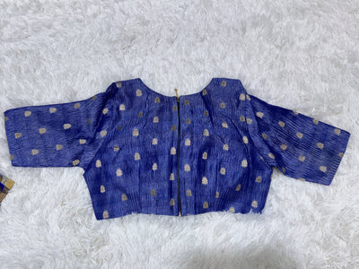 Royal Blue Banarasi Tissue Saree with Silver Stripes & Golden Border, Paired with Contrast Blue Blouse
