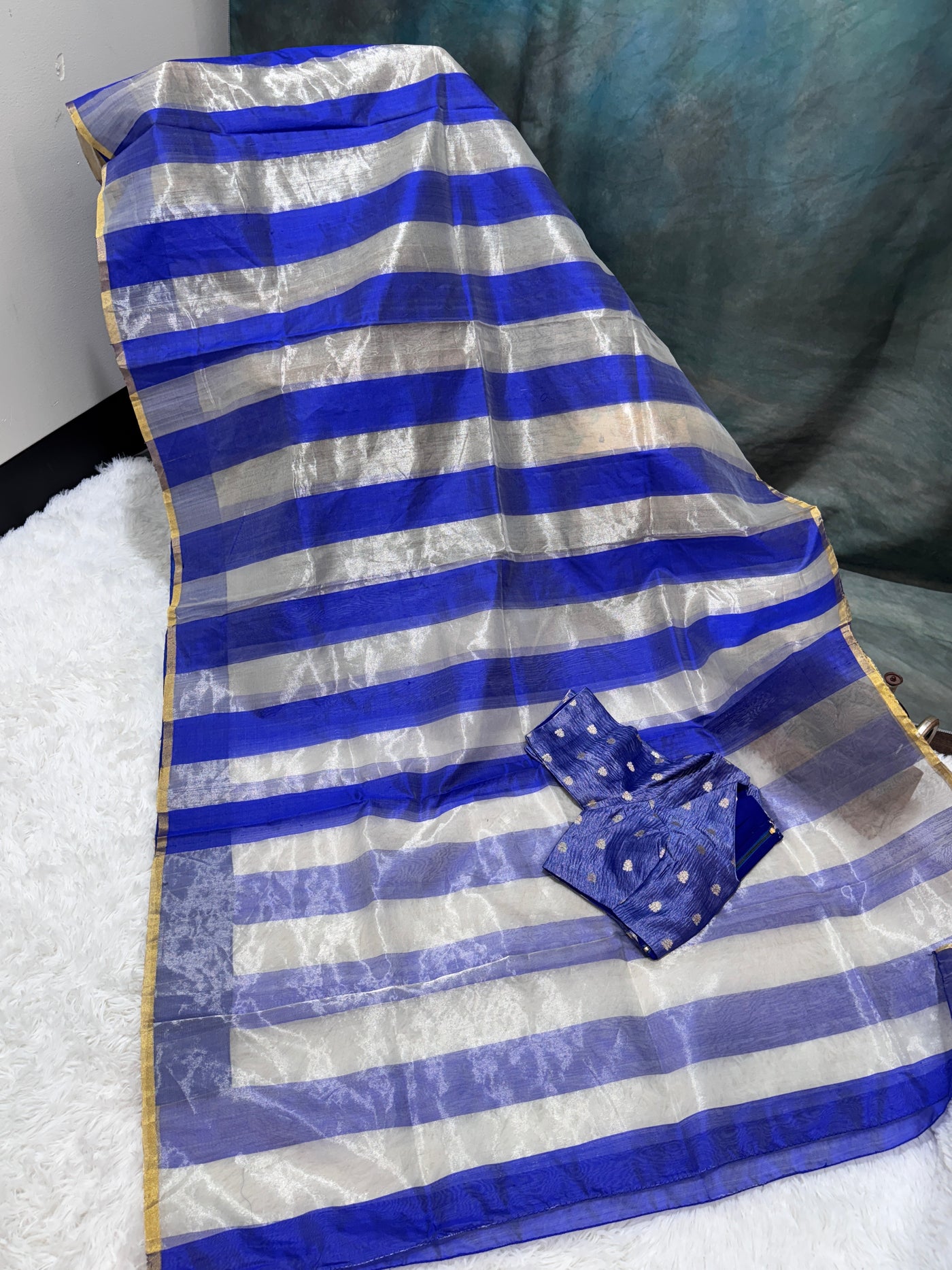 Royal Blue Banarasi Tissue Saree with Silver Stripes & Golden Border, Paired with Contrast Blue Blouse