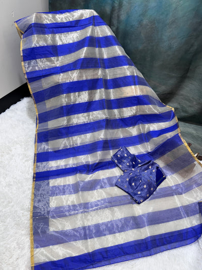 Royal Blue Banarasi Tissue Saree with Silver Stripes & Golden Border, Paired with Contrast Blue Blouse