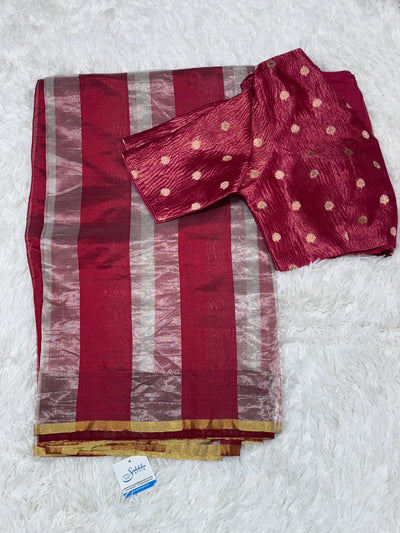 Red Banarasi Tissue Saree with Golden Border & Contrast Blouse
