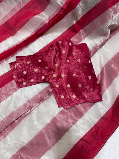 Red Banarasi Tissue Saree with Golden Border & Contrast Blouse