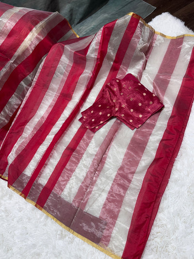 Red Banarasi Tissue Saree with Golden Border & Contrast Blouse