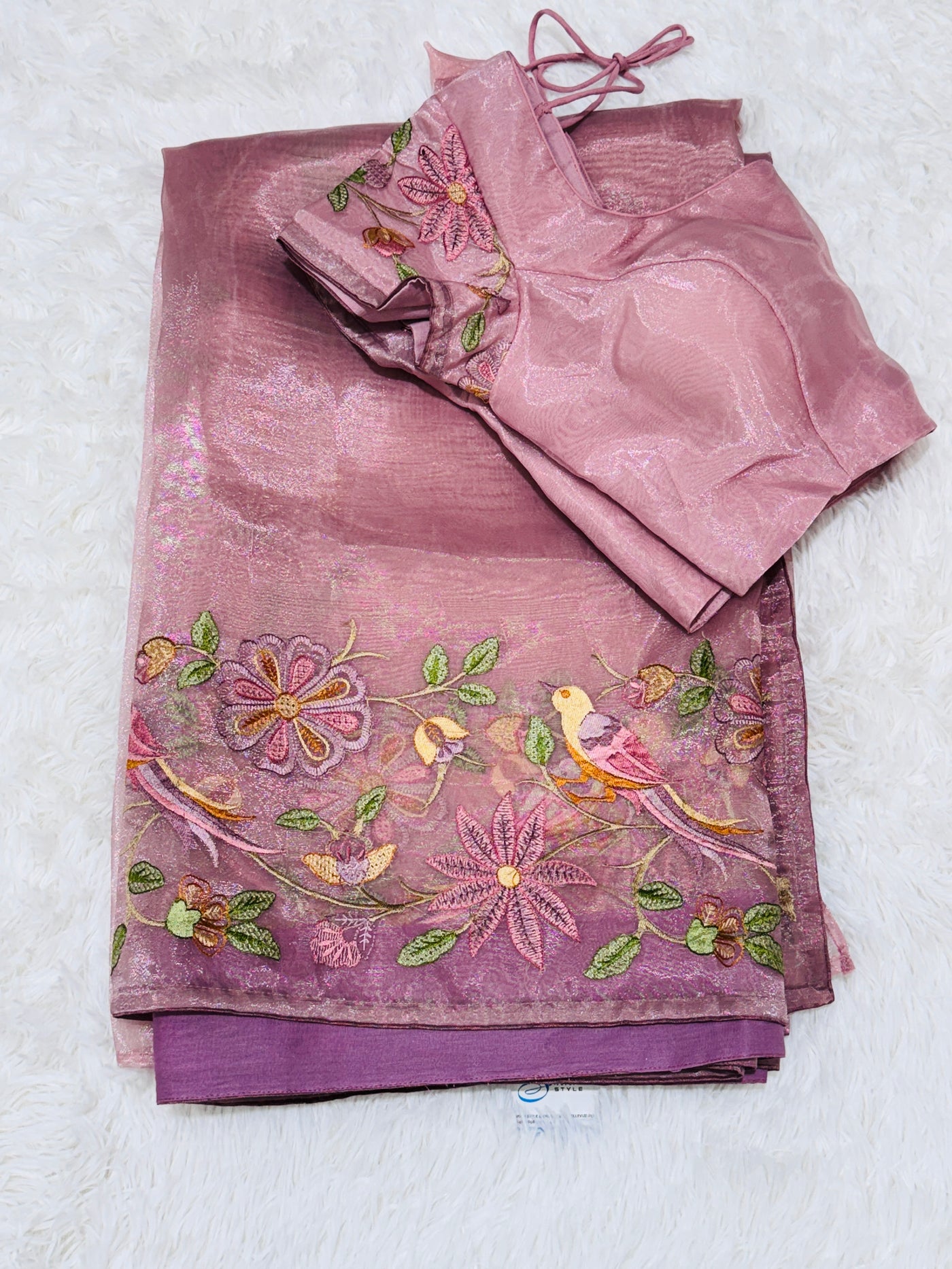 Tissue Organza Fancy Saree – Dusty Pink with Multicolor Embroidery & Matching Blouse