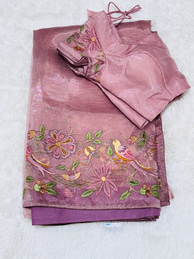 Tissue Organza Fancy Saree – Dusty Pink with Multicolor Embroidery & Matching Blouse