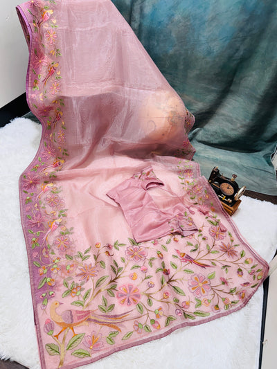 Tissue Organza Fancy Saree – Dusty Pink with Multicolor Embroidery & Matching Blouse