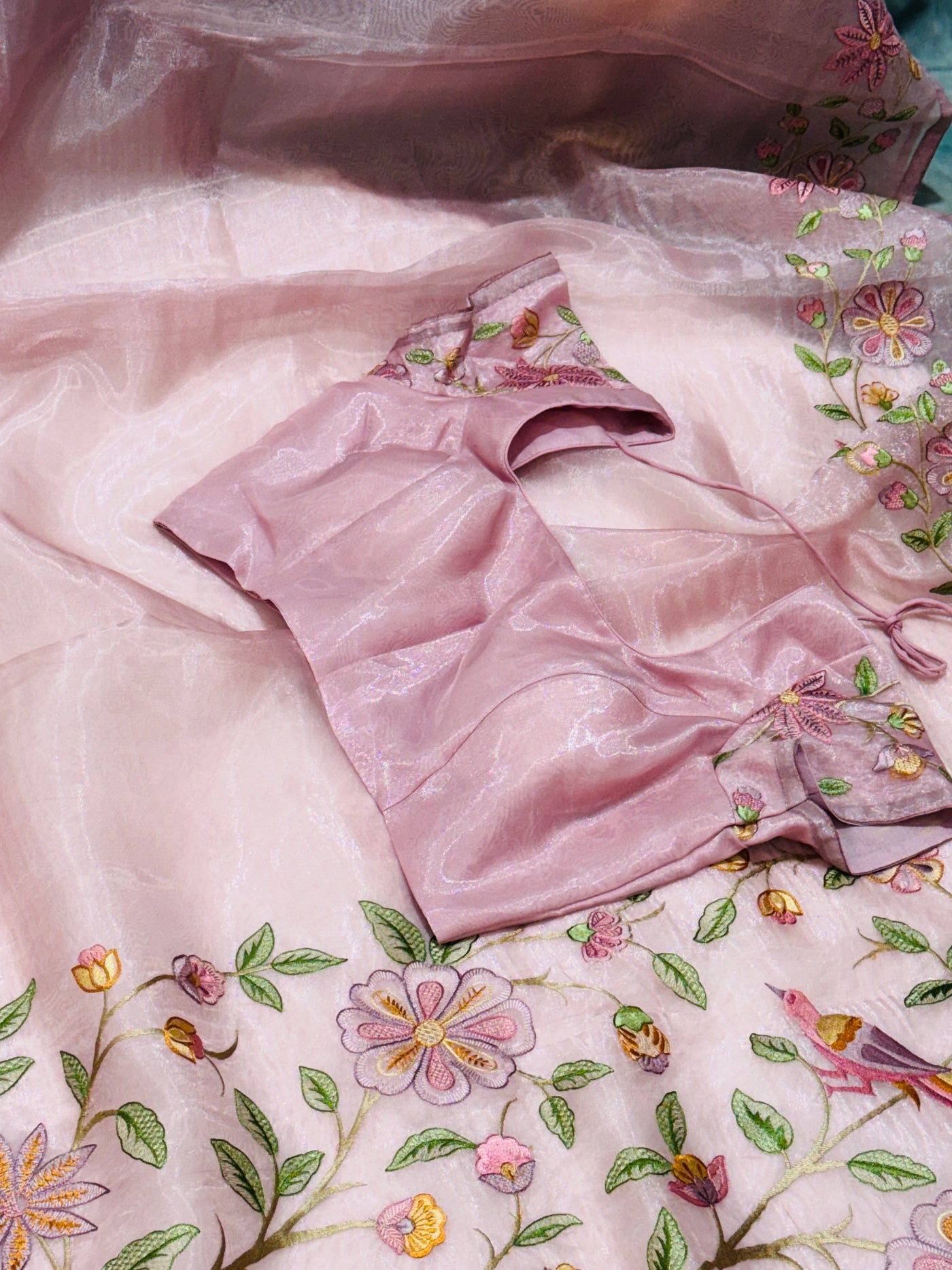 Tissue Organza Fancy Saree – Dusty Pink with Multicolor Embroidery & Matching Blouse
