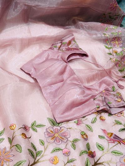 Tissue Organza Fancy Saree – Dusty Pink with Multicolor Embroidery & Matching Blouse