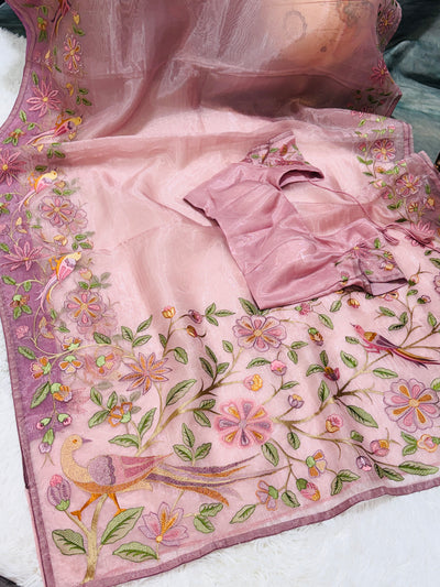 Tissue Organza Fancy Saree – Dusty Pink with Multicolor Embroidery & Matching Blouse