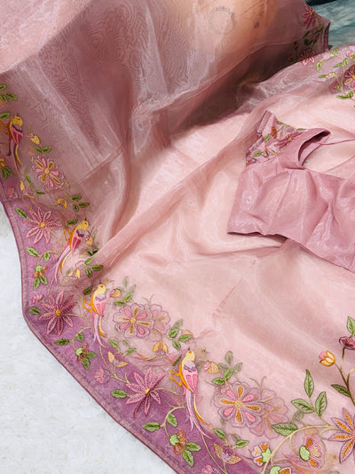 Tissue Organza Fancy Saree – Dusty Pink with Multicolor Embroidery & Matching Blouse