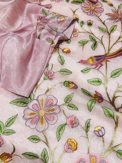 Tissue Organza Fancy Saree – Dusty Pink with Multicolor Embroidery & Matching Blouse