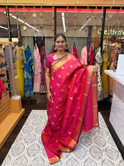 Kanchipattu Pure Silk Saree – Pink with Gold Zari Weaving & Contrast Green Border, Traditional Indian Saree with Designer Blouse