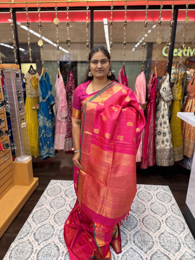 Kanchipattu Pure Silk Saree – Pink with Gold Zari Weaving & Contrast Green Border, Traditional Indian Saree with Designer Blouse