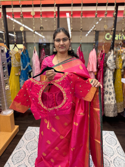 Kanchipattu Pure Silk Saree – Pink with Gold Zari Weaving & Contrast Green Border, Traditional Indian Saree with Designer Blouse