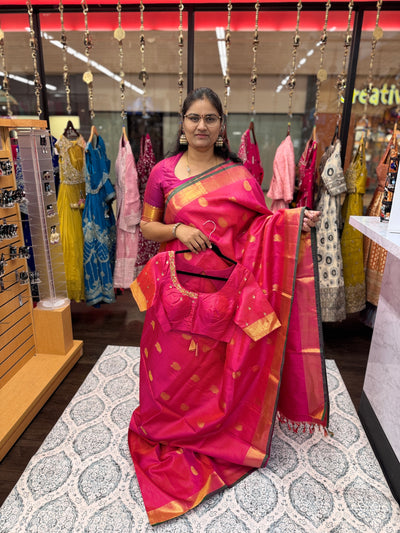 Kanchipattu Pure Silk Saree – Pink with Gold Zari Weaving & Contrast Green Border, Traditional Indian Saree with Designer Blouse