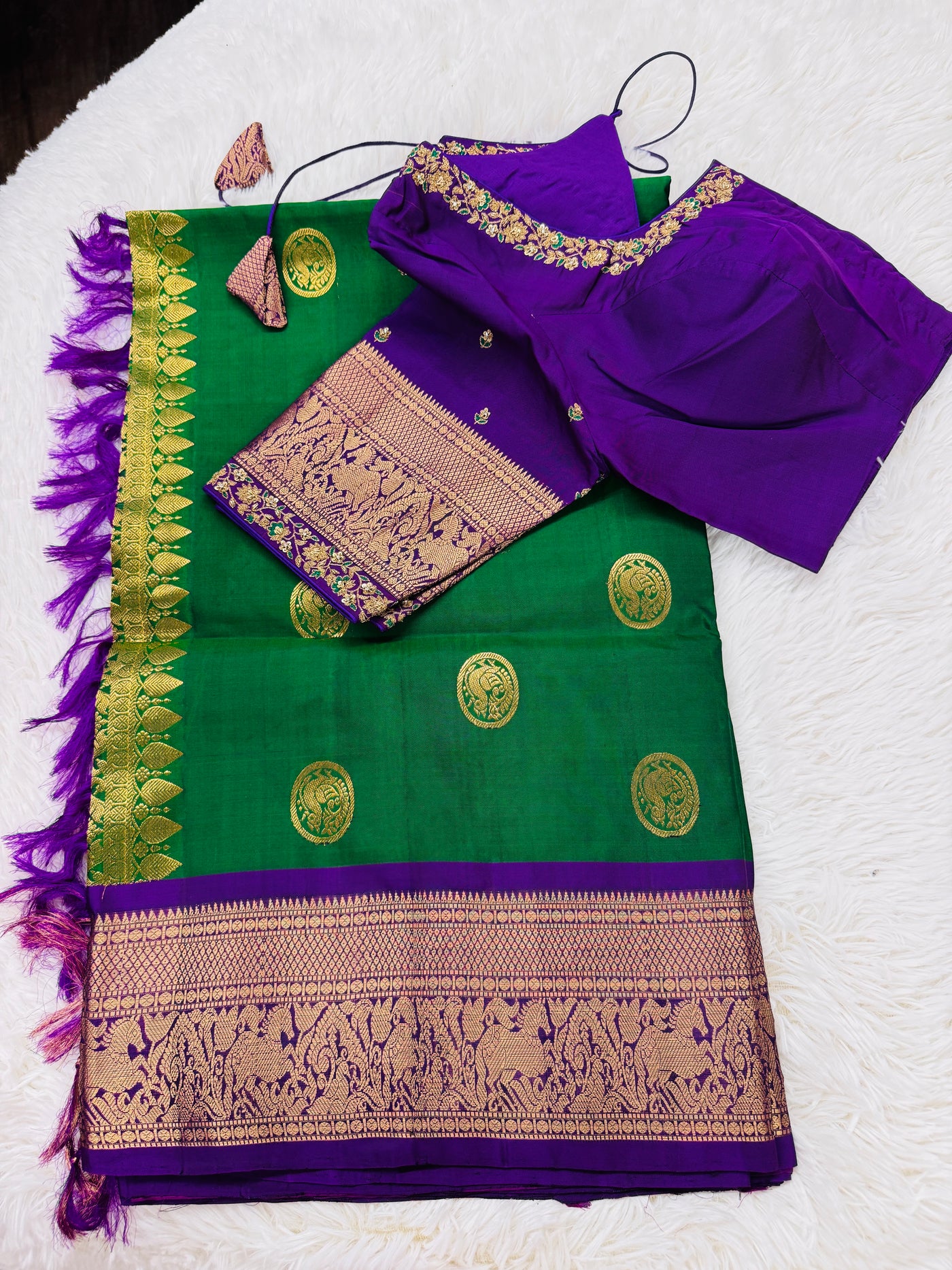 Kanchipuram Pure Silk Saree – Green with Purple Border & Gold Zari Weaving, Paired with Embroidered Purple Blouse
