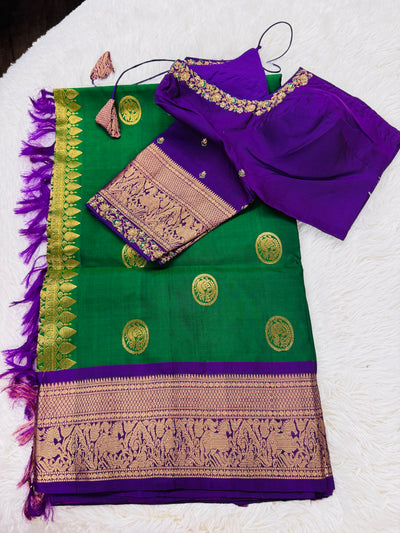 Kanchipuram Pure Silk Saree – Green with Purple Border & Gold Zari Weaving, Paired with Embroidered Purple Blouse