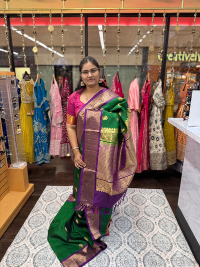 Kanchipuram Pure Silk Saree – Green with Purple Border & Gold Zari Weaving, Paired with Embroidered Purple Blouse