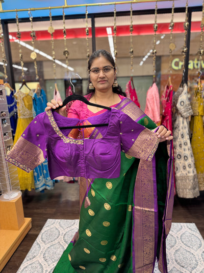 Kanchipuram Pure Silk Saree – Green with Purple Border & Gold Zari Weaving, Paired with Embroidered Purple Blouse