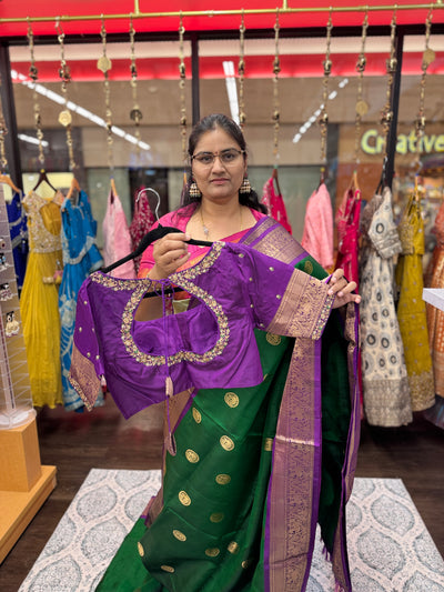 Kanchipuram Pure Silk Saree – Green with Purple Border & Gold Zari Weaving, Paired with Embroidered Purple Blouse