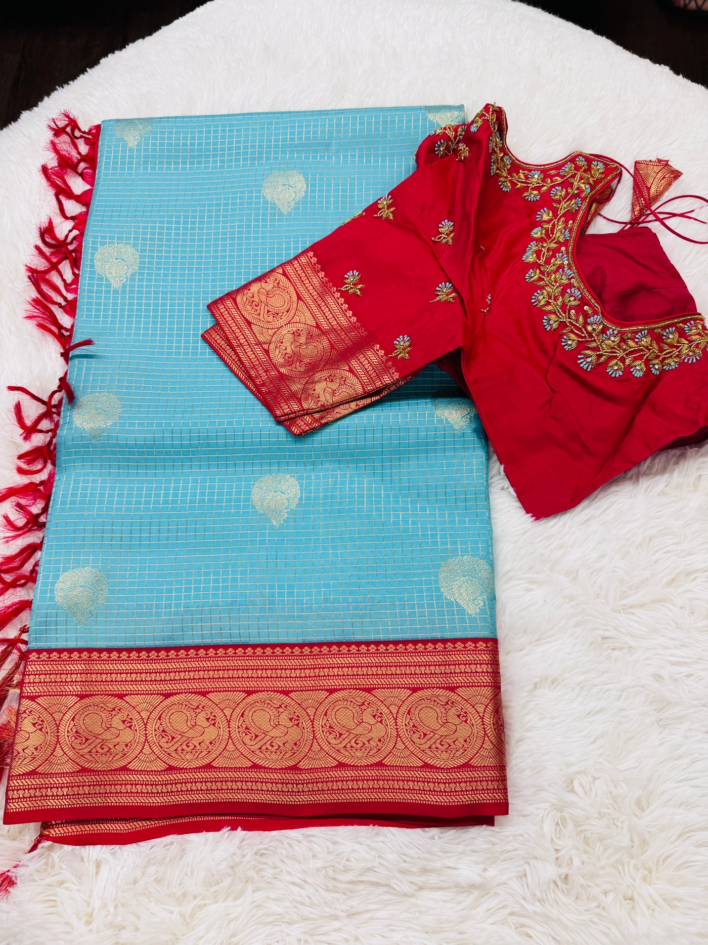 Kanchipattu Pure Silk Saree – Sky Blue with Red Contrast Border & Pallu, Intricate Zari Weaving, Handwoven Traditional Saree with Designer Blouse