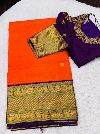 Kanchipattu Pure Silk Saree – Bright Orange with Purple Border & Gold Zari Weaving, Traditional Handwoven Saree with Matching Blouse
