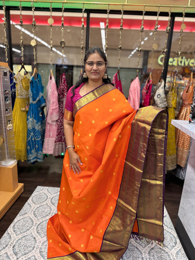 Kanchipattu Pure Silk Saree – Bright Orange with Purple Border & Gold Zari Weaving, Traditional Handwoven Saree with Matching Blouse