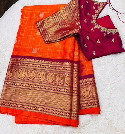 Gadwal Pure Silk Saree – Orange with Maroon Border & Gold Zari, Handwoven Traditional Saree with Designer Blouse
