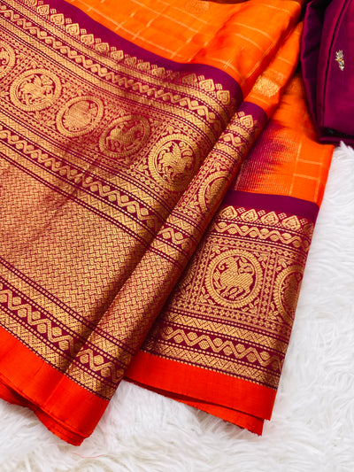 Gadwal Pure Silk Saree – Orange with Maroon Border & Gold Zari, Handwoven Traditional Saree with Designer Blouse