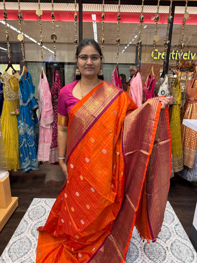 Gadwal Pure Silk Saree – Orange with Maroon Border & Gold Zari, Handwoven Traditional Saree with Designer Blouse