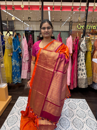Gadwal Pure Silk Saree – Orange with Maroon Border & Gold Zari, Handwoven Traditional Saree with Designer Blouse