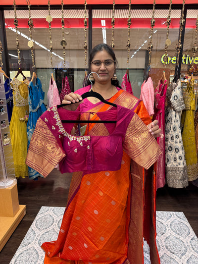 Gadwal Pure Silk Saree – Orange with Maroon Border & Gold Zari, Handwoven Traditional Saree with Designer Blouse