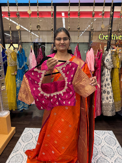 Gadwal Pure Silk Saree – Orange with Maroon Border & Gold Zari, Handwoven Traditional Saree with Designer Blouse