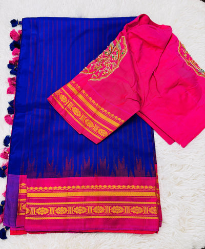 Gadwal Pure Silk Saree – Royal Blue with Pink Border & Golden Zari Weaving, Paired with Embroidered Pink Blouse