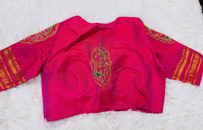 Gadwal Pure Silk Saree – Royal Blue with Pink Border & Golden Zari Weaving, Paired with Embroidered Pink Blouse