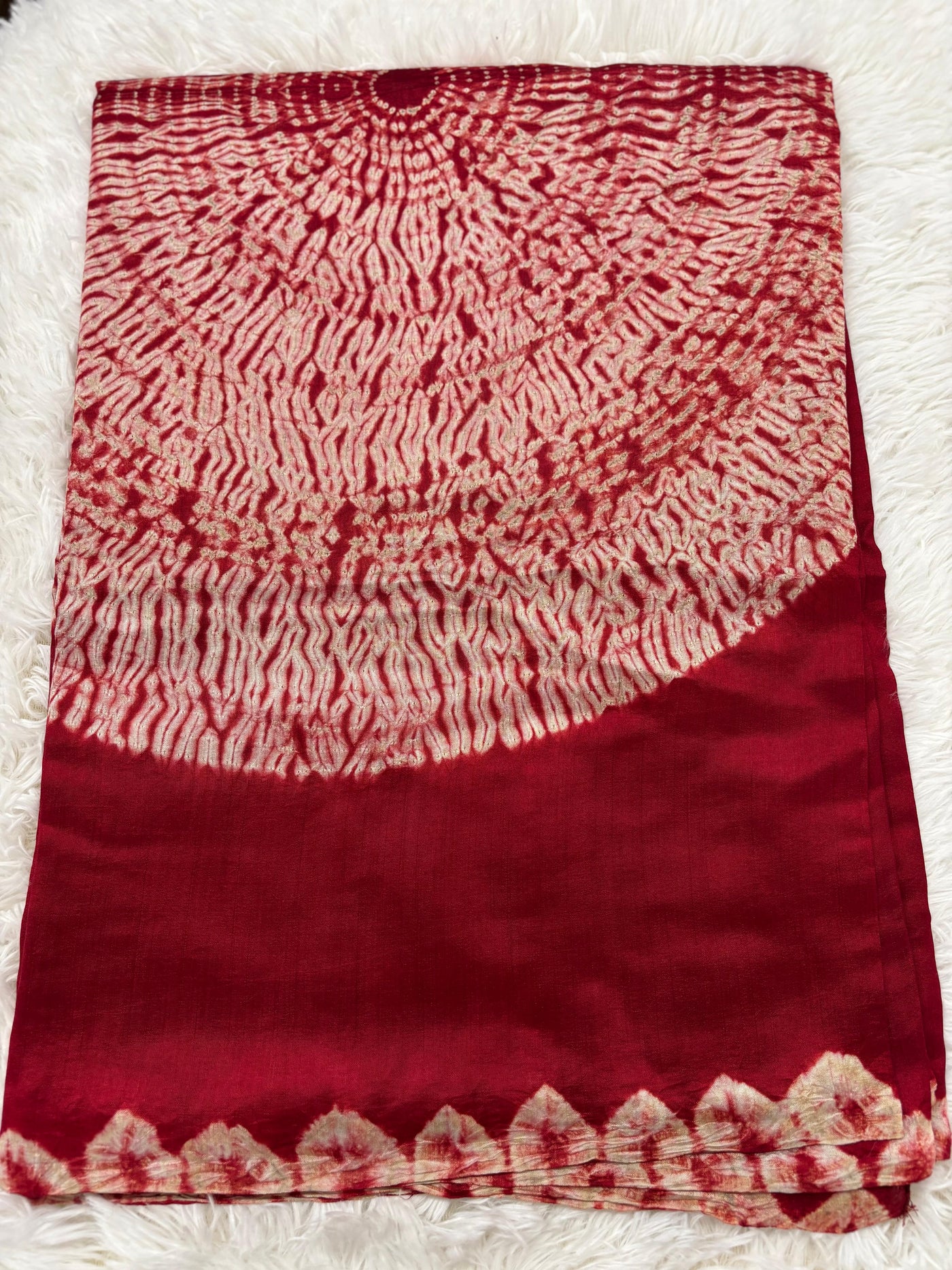 Bandhani Style Tussar Silk Saree – Rich Red with Golden Butta Blouse