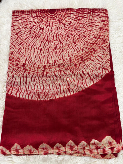 Bandhani Style Tussar Silk Saree – Rich Red with Golden Butta Blouse