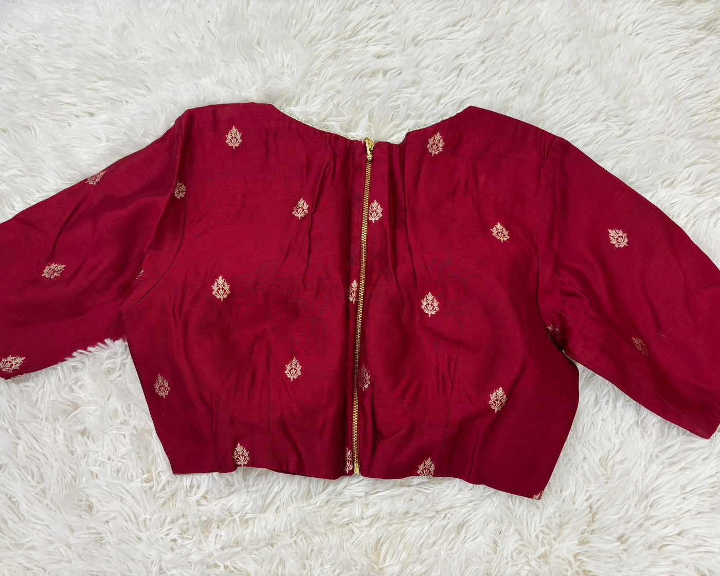Bandhani Style Tussar Silk Saree – Rich Red with Golden Butta Blouse