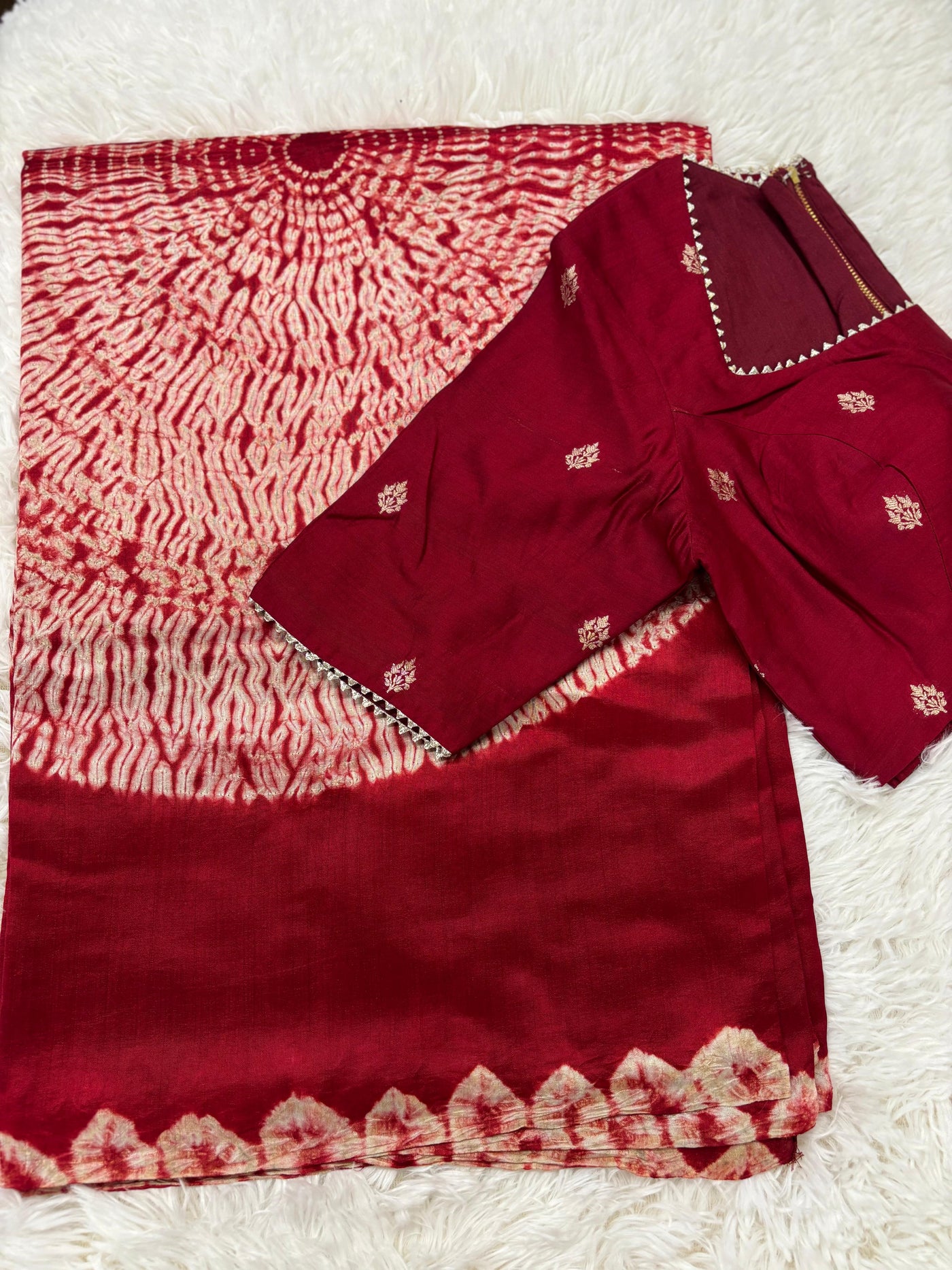 Bandhani Style Tussar Silk Saree – Rich Red with Golden Butta Blouse