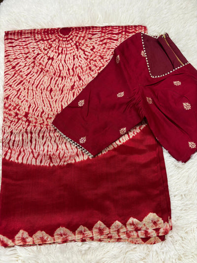 Bandhani Style Tussar Silk Saree – Rich Red with Golden Butta Blouse