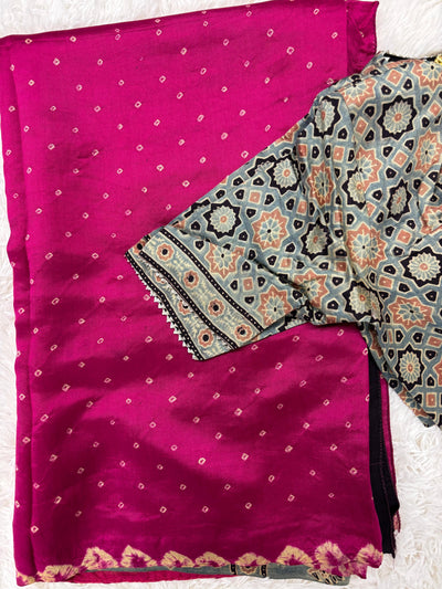 Bandhani Style Tussar Silk Saree – Magenta with Contrast Printed Blouse