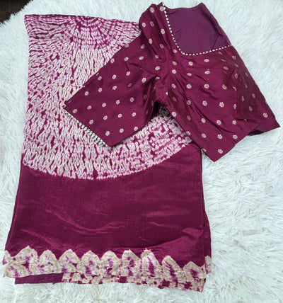 Bandhani Style Tussar Silk Saree – Deep Maroon with White Patterns, Paired with Designer Zipper Blouse