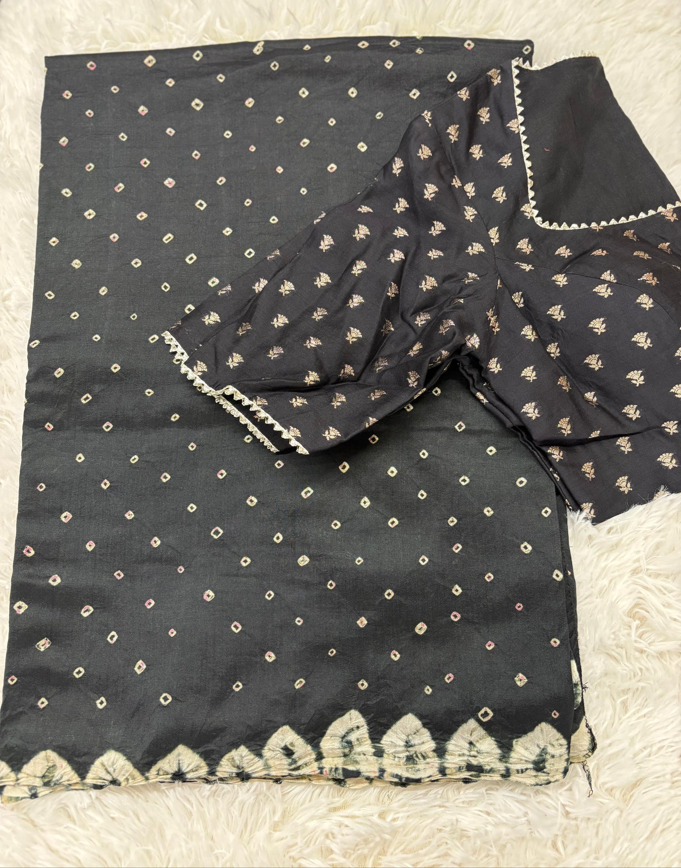 Bandhani Style Tussar Silk Saree – Black with Golden Butta Blouse