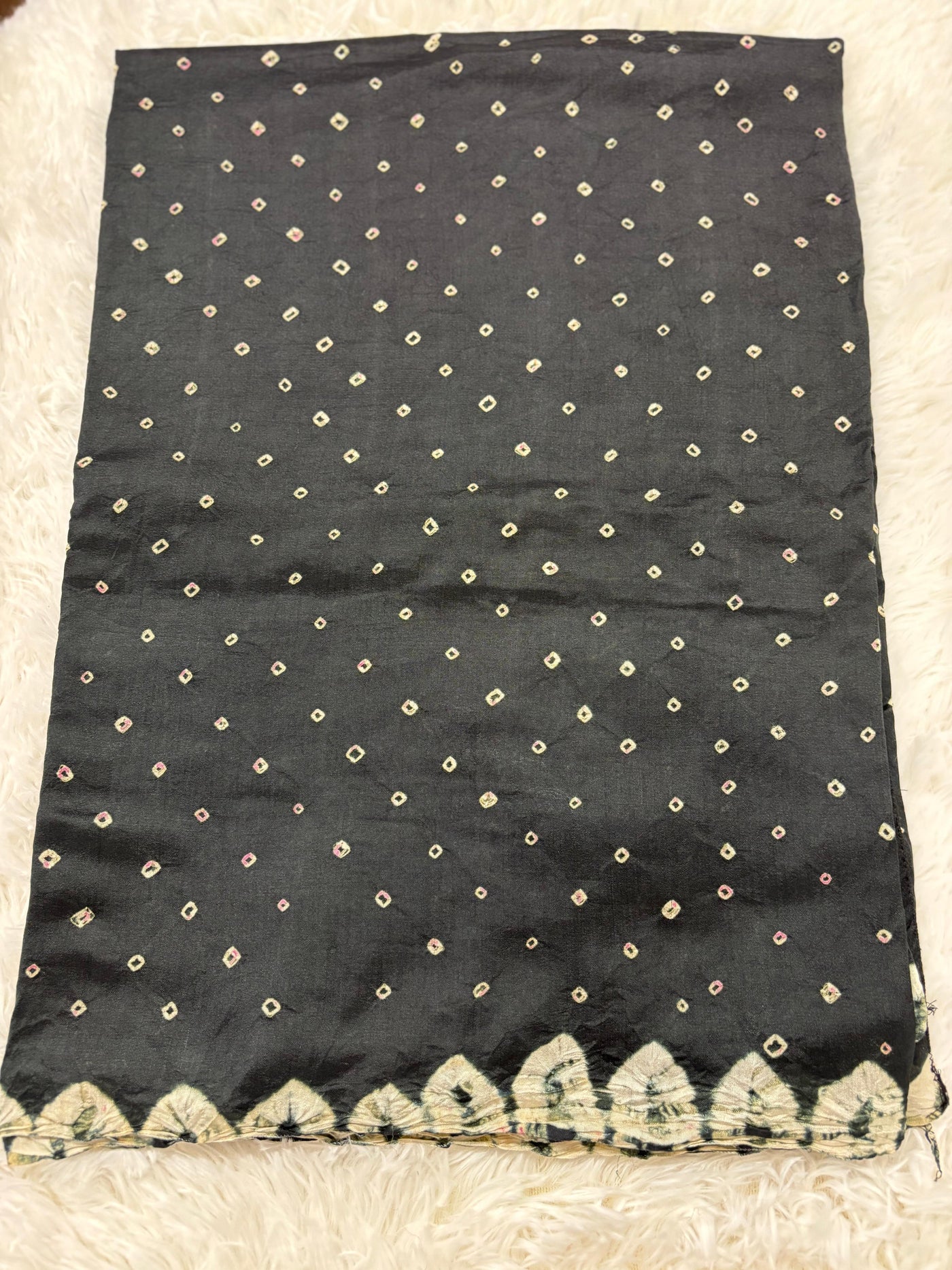 Bandhani Style Tussar Silk Saree – Black with Golden Butta Blouse