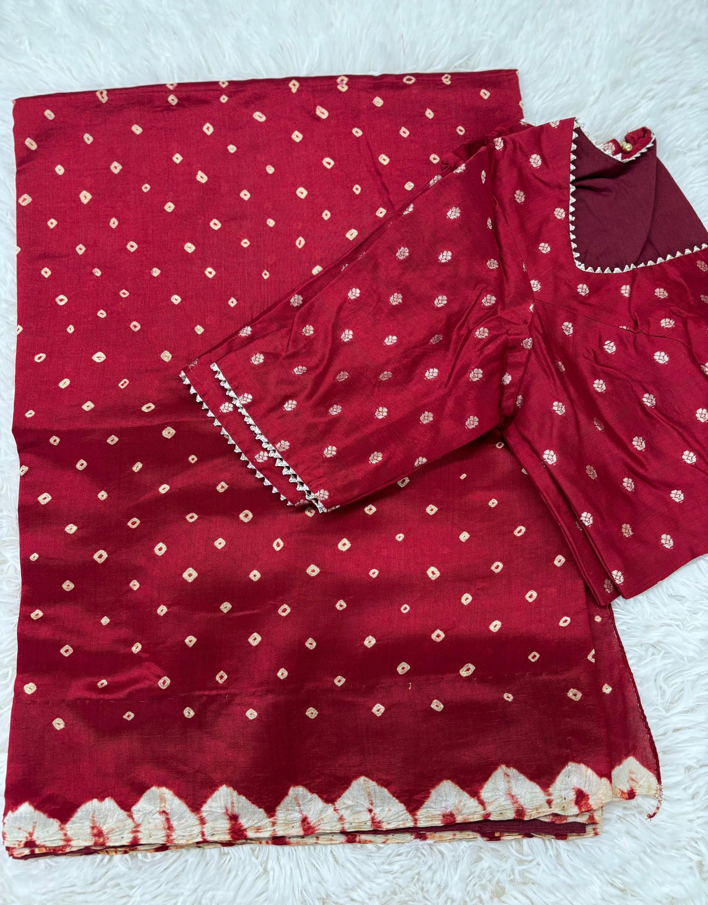 Bandhani Style Tussar Silk Saree – Red with Hand-Tie Dye Patterns, Elegant Zari Border & Matching Blouse